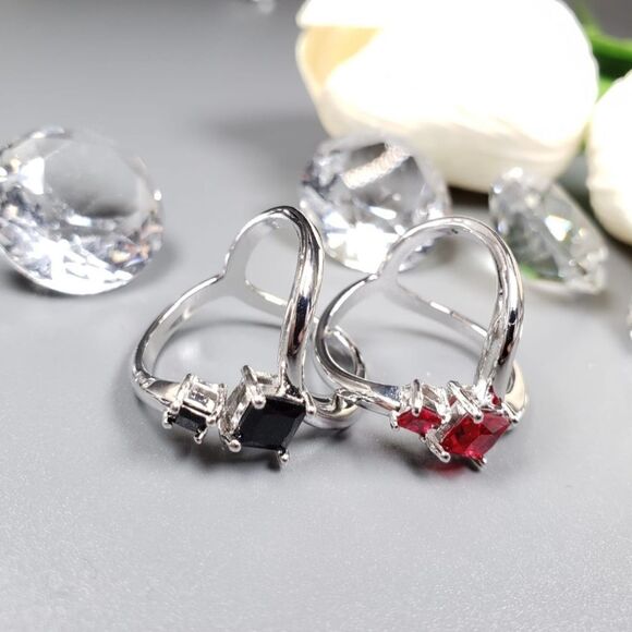 Brand New Black & Red Stone Silver Couple Rings #1 - Picture 4 of 7